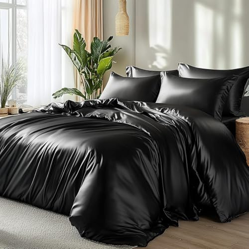 Lanqinglv - Juego de ropa de cama de satén, 135 x 200 cm, simulación de seda, 2 piezas, lila, funda nórdica con funda de almohada de 50 x 75 cm, microfibra, Negro , 135x200cm+80x80cm*1