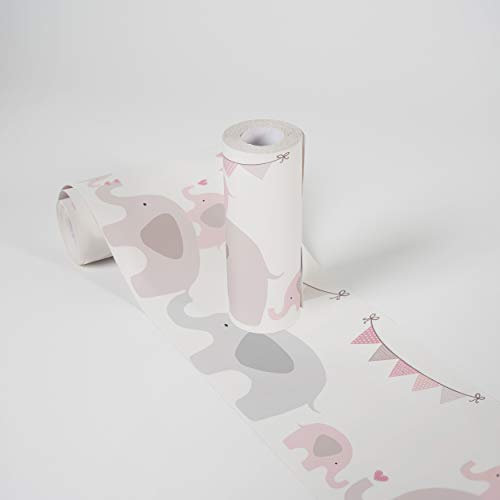 A.S. Création selbstklebende Bordüre - Papierbordüre mit kinderfreundlichen Motiven in Rosa, Grau und Weiß - auf 5,00 m x 0,15 m je Rolle