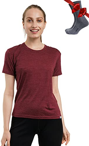 Merino.tech Merino Wool T Shirt Women - 100% Merino Wool Base Layer Womens Short Sleeve Tee + Hiking Sockss (Medium, Burgundy Crewneck)