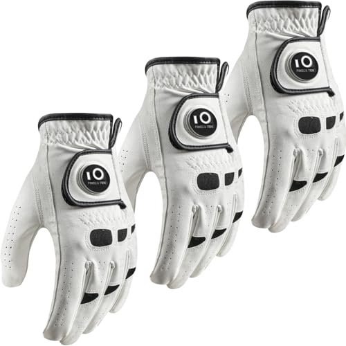 FINGER TEN Gants De Golf Homme Main Droite Gauche Cuir avec Marqueur de Balle Mode Lot de 3, Gant De Golf Hommes Blanc Sports Respirants Cadeaux Golf (Blanc, ML, Gauche)