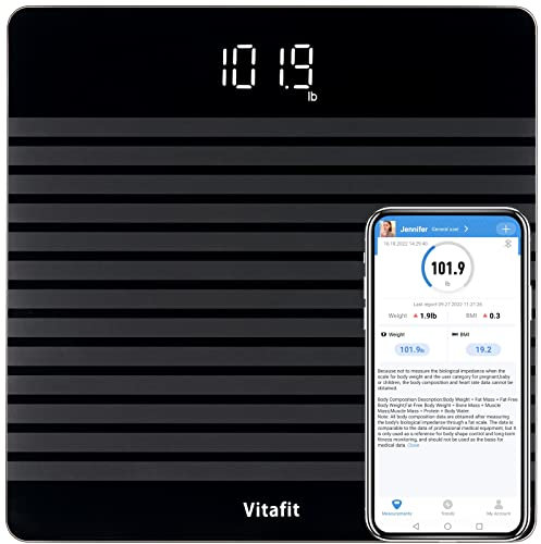 Vitafit Anti-Slip Smart Digital Bathroom Scales for Body Weight, High Accuracy Assured by Weighing Professional SINCE 2001, BMI with App, Black