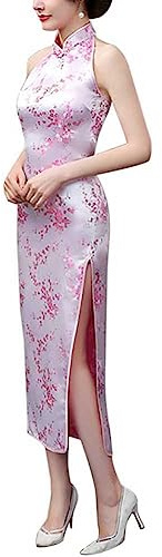 Women's Backless Halterneck Sleeveless Chinese Cheongsam Mandarin Collar Side Split Long Qipao Outfit (20-Plum Pink, L)