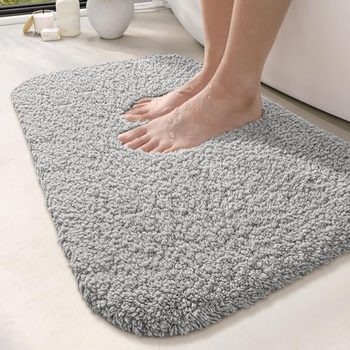 DEXI Badematte rutschfeste 60 x 90 cm, Badteppich Waschbar, Absorbierende weicher Badezimmerteppich, Mikrofaser Badvorleger für Dusche,Badewanne und Waschbecken, Hellgrau
