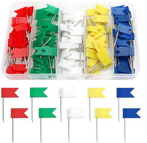 YIXISI 150 Pièces Cartes Punaises, Push Pins Tête en Plastique, Punaises Décoratif, Multicolore, Epingles Drapeaux, pour Carte, Marquage, 5 Couleurs