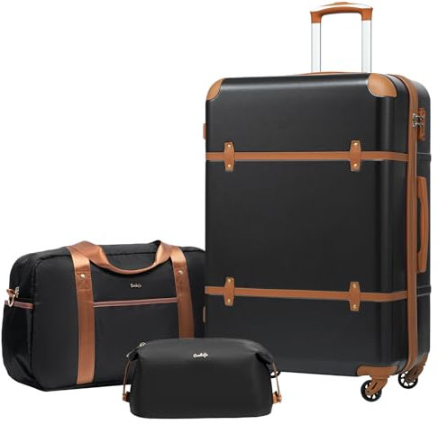 COOLIFE Koffer Trolley Koffer Reisekoffer ABS Hartschalen Trolley 4 Rollen TSA-Schloss Grosse Kapazität Der Koffer Enthält 1 Reisetasche und 1 Kulturbeutel (Schwarz/Braun, Großer Koffer-Set 3tlg)