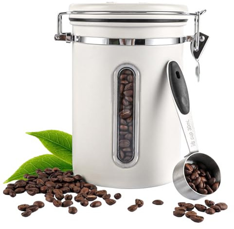 FWEEK Kaffeedose Luftdicht aus Edelstahl 1,8L, Kaffeebhnen Behälter mit edelstahl köffel, Vakuum Kaffeedose mit Transparentem Fenster für Tee Nüsse Kakao Länger und Frisch Bleiben