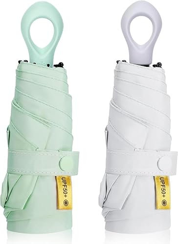 2pcs Mini Sun Travel Umbrella Ring handle Coating Layer Fabric Blocking/anti UPF 50 UV Protection 99.9% Compact Folding Purse Umbrella/Lightweight Small Portable Backpack/Rain Sun/Men Women Kids