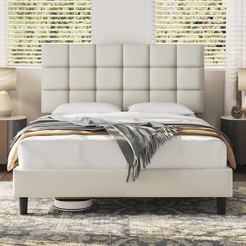 Yaheetech King Upholstered Bed Frame with Adjustable Square Tufted Headboard/Linen Fabric/Sturdy Wooden Slat Support/No Box Spring Needed, 5ft Beige