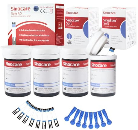 Sinocare Blood Glucose Test Strips x100 and Lancing Device x100 Only for Sinocare Safe AQ Smart Glucometer or Safe AQ Voice Glucometer, Blood Glucose Monitor Accessories Diabetes Test Kit Replacement