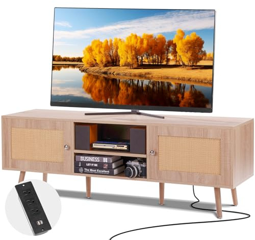 VEVOR Mobile TV in Rattan Moderno Mid Century per TV da 1651 mm, Boho con Presa Integrata e Porte USB, Ripiani Regolabili per Soggiorno, Sala Multimediale, Rovere