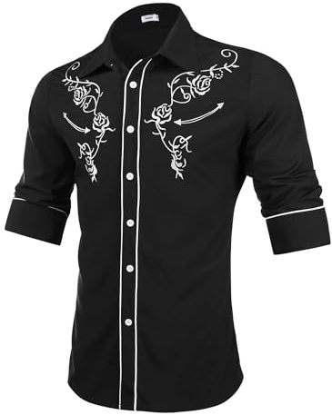 Sykooria Men's Shirts Long Sleeve Casual Vintage Floral Embroidery Button Down Western Shirts Regular Fit S-XXL