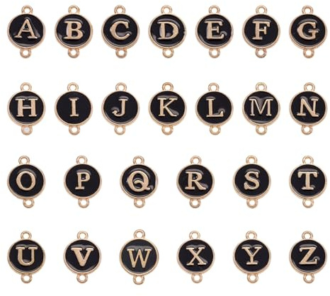 Craftdady 52 ciondoli a forma di lettera dell'alfabeto in lega smaltata con lettera iniziale piatta rotonda, connettori dorati per la creazione di gioielli, bracciali, collane, forniture artigianali