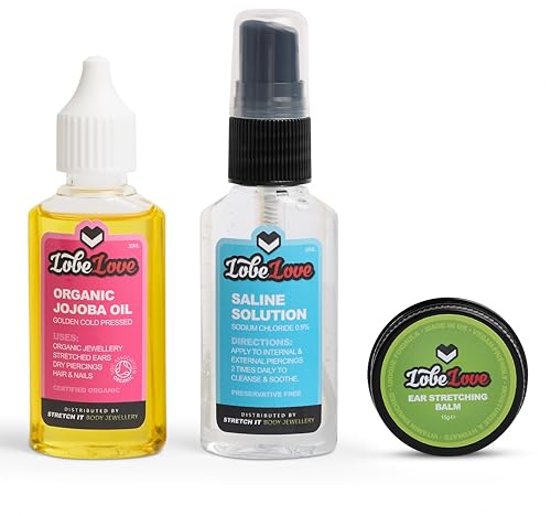 Stretch It - Ear Stretching Aftercare Trio, LobeLove, Premium Ear Stretching Balm, Jojoba Oil, Organic & Professional Saline Solution Spray