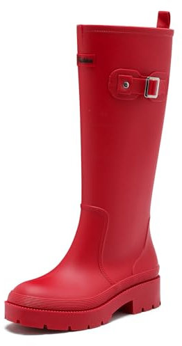Gummistiefel Damen Lange Stiefel, Original Wasserdicht Hohe Rutschfeste, Sicherheitsstiefel Gummischuhe Bequeme Gartenschuhe Für den Innen- und Außenbereich,Rot,38EU