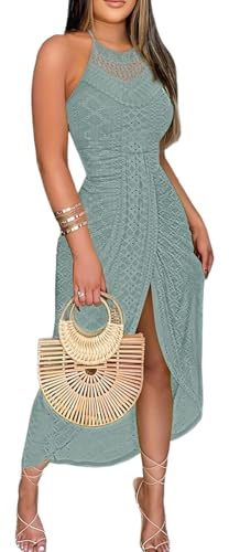 CHICME Womens Holiday Beach Dress Halter Hollow-Out A Line Maxi Vacation Dresses-GR-L A-Green