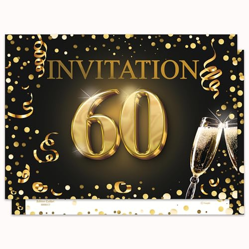Edition Colibri Inbjudningskort för 60-årsjubileum, 10-pack, A6-format, kortset, att fylla i, inbjudan, jubileum, fest, svart, guld