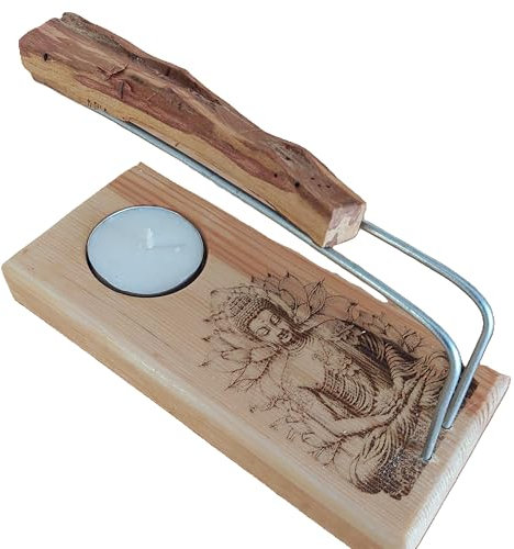 YA-DECOREGALOS Quemador de Incienso de Madera con Diseño Zen, Soporte para Palo Santo, Incluye Vela de Té y Varillas Metálicas, con cajita de Regalo