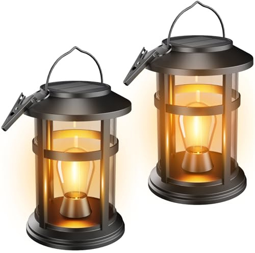 Electight 2 Stück Solarlampen für Außen Hängend, Solar Laternen für Draußen, IP65 Wetterfest, Solarlaterne mit LED Glühbirne für Garten, Balkon, Camping, Halloween, WeihnachtsDeko Beleuchtung