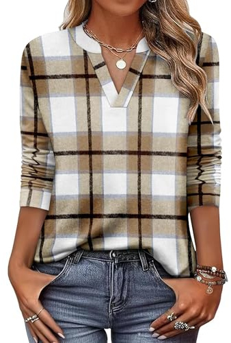 CRAZY GRID Women V Neck Long Sleeve Top Fashion Casual Dressy Fall Shirt Ladies Loose Light Blouse Comfort Soft Large Fall Clothes L Brown White Plaid