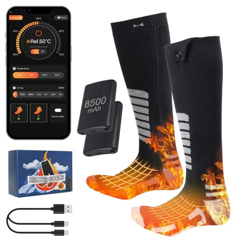 Qoosea Calcetines Térmicos para Hombres y Mujeres 8500mAh Recargables Eléctricos con Control por APP y Botón 4 Ajustes de Temperatura Lavables a Máquina para Esquí Camping Senderismo Pesca Invierno(M)