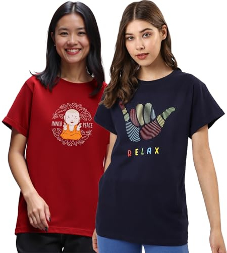 Bewakoof Boyfriend Fit grafisk T-shirt med halv ärm och rund hals för kvinnor 2-pack T-shirt i ren bomull, Blazer röd och marinblå 1500854, M