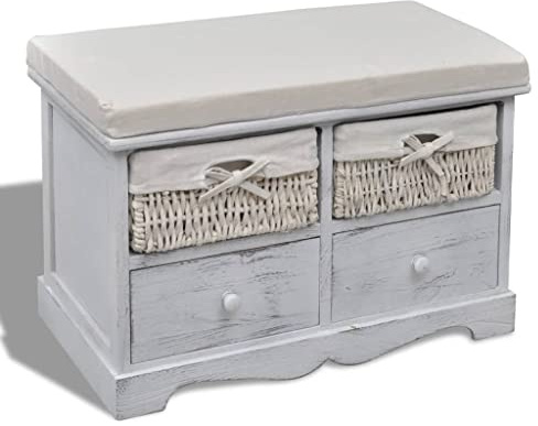 Plumbpyr Panca con vano portaoggetti bianco in legno Paulownia 62 × 33 × 42 cm con 2 cestini intrecciati e 2 cassetti, moderna panchina per ingresso e spogliatoio, resistente e rettangolare