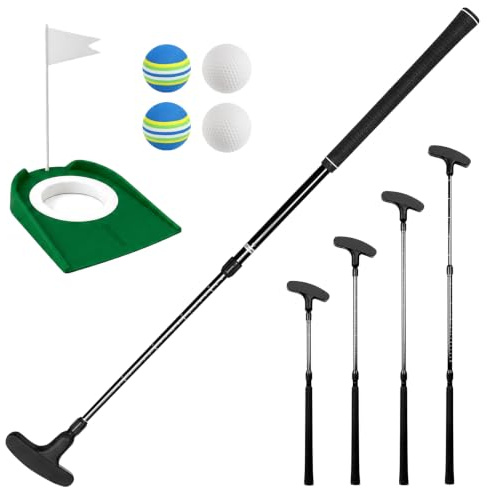 Putter de Golf Réglable, 41-90cm Putter de Golf Enfant, Putter de Golf Bidirectionnel, Putter Golf Intérieur für Pratique Intérieure Extérieure, Trois Sections Noires, 4 Balles Golf, 1 Tapis Putting