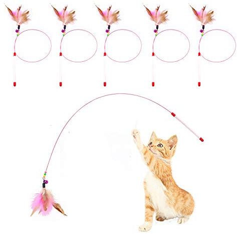 JTQXX Cat Feather Toy, 5 Pack Interactive Pet Kitten Chaser Teaser Wire Wand with Bell Beads for Cat Exercise Play Fun Gifts - Wholesale