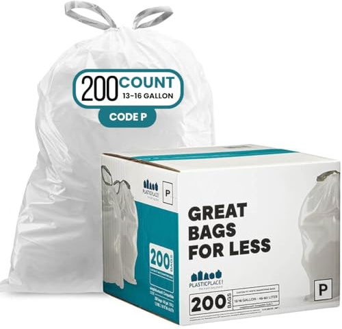 Plasticplace Drawstring Rubbish Bags, Compatible with simplehuman Code P, White Rubbish Liners 13-16 Gallon / 50-60 Liter, 23.5 x 31.5, (200 Count)