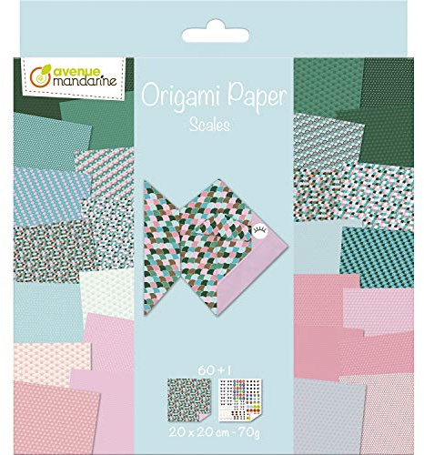 Avenue Mandarine OR511C - Un paquete de 60 hojas Origami 20 x 20 cm 70 g (30 diseños x 2 hojas) y una tabla de pegatinas incluida, Scales