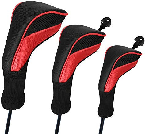 Number-one Golf Club Head Covers for Fairway Woods Driver Hybrids, 3Pcs Long Neck Mesh Golf Club Headcovers Set with Interchangeable No. Tags 3 4 5 6 7 X (Red)