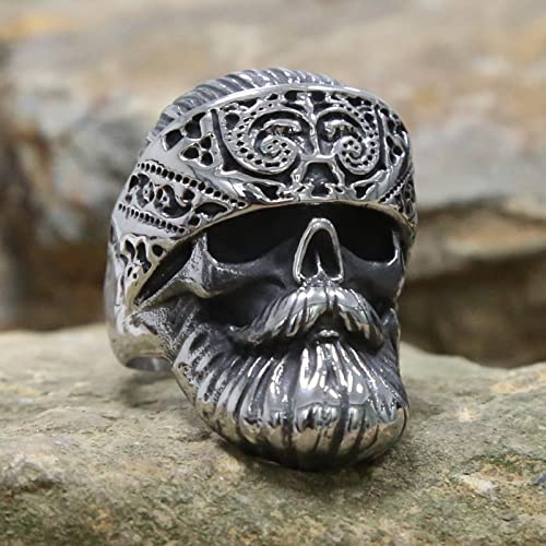 Hippie Men's Big Beard Wear Hat Skull Rings Cool Punk Skull Biker Ring Male Stainless Steel Hip Hop Rock Jewelry Gift for Him