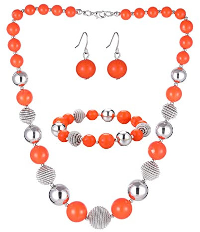 Bulinlin Perlen Damen Schmuck Set Silber Choker Halskette Ohrringe Creolen Statement Modeschmuck Weihnachtsgenchenke für Frauen(Orange)