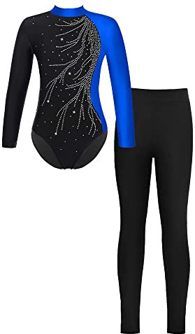 TiaoBug Mädchen Langarm Turnanzug Gymnastikanzug mit Sport Hose Lang 2 Teillig Ballett Anzug Tanz Trikot Ganzkörper Eislaufen Leotard Blau Schwarz B 146-152
