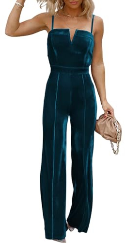 BLENCOT Sleeveless Velvet Jumpsuits For Women V Neck Spaghetti Straps Wide Leg Long Pants Dressy Rompers Winter Overalls Prussian Blue Large