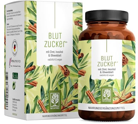 NATURTREU® Blutzucker Komplex* mit Chrom, Ceylon-Zimt, Myo-Inositol, Olivenblatt und Zink - zur Unterstützung des Zuckerspiegels * perfekte Alternative zu Berberin - 90 Kapseln hochdosiert vegan