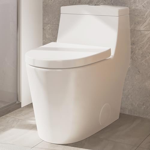 Elongated One Piece Toilet with Soft Closing Seat, 12'' Rough-In Modern Toilet for Bathrooms, 1.28 GPF Dual Flush, MAP 1000g, 28.4 x 15.5 x 26.6 Inches Standard White Toilet bowl