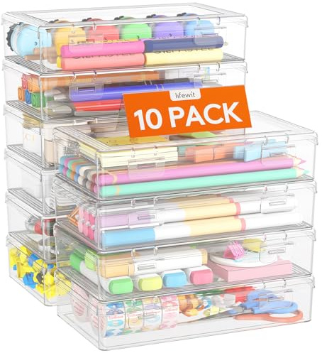 Lifewit 1L Stiftebox mit Snap-Dicht Deckel, Kunststoff Stifte Box Aufbewahrung Kinder, Bürobedarf Organizer, Klar Aufbewahrungsbox für Bastelbedarf Werkzeugteile, Art Craft, 10 Pack, 20 x 12 cm/8x4.6