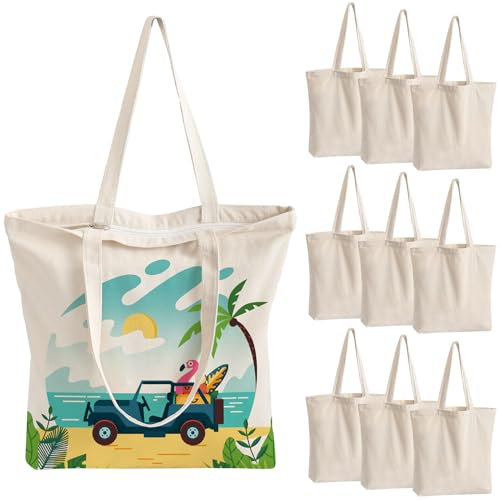 OLSUNOR 10 Pack Canvas Tote Bag with Zipper, Reusable Grocery Bags with Long Handle, DIY Heat Transfer Sublimation Blanks Shopping Bags for Advertising, Birthday, Party, Mother's Day (Off-white)