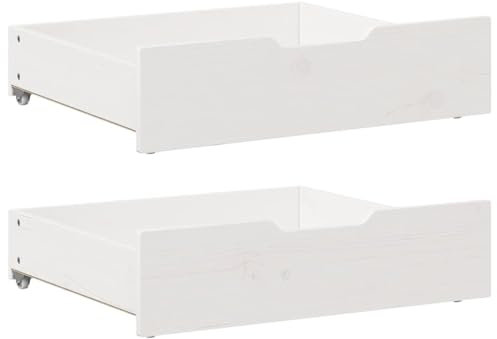 vidaXL Under-Bed Drawers – White Solid Wood Pine Storage Boxes - x2 – Ideal Space-Saving Solution for Bedside Tidy - With Wheels - 65x55x16 cm