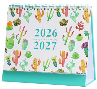 Desk Calendar 2026-2027, Floral Calendar (January 2026-June 2027), Standing Flip Calendar with Thick Paper, Small UK Month to View, Mini Desktop Calendars for School Office Home 8.3 * 7.2in (Cactus)