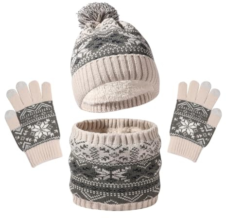 Conjunto de Gorro Bufanda y Guantes Niños 3 Pcs Niños Invierno Cálido Beanie Gorro Bufanda Guantes Set Caliente de punto engrosada Gorro Pantalla Táctil para Niño Niña de 5 a 10 Años