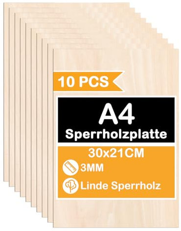 Eulenke Sperrholzplatte 3mm, 10 stück A4 Sperrholz, Holz Platten zum Basteln - 300 * 210 * 30mm Spanplatte, Geeignet für Holzbearbeitung DIY, Laserbearbeitung, Modellbau, Ölmalerei, Deko