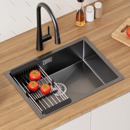 CECIPA Évier de cuisine, carré, en acier inoxydable, noir, anthracite, 60 x 44 cm, moderne, pour meuble bas à partir de 60 cm, 1 bac sans trou de robinetterie