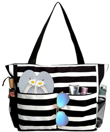 yisight Bolsa Playa Grande Mujer, Impermeable, Bolsa Playa xxl Familiar con Cremallera, Plegable Bolso Mujer, Viajes, Picnic, Vacaciones (negro)