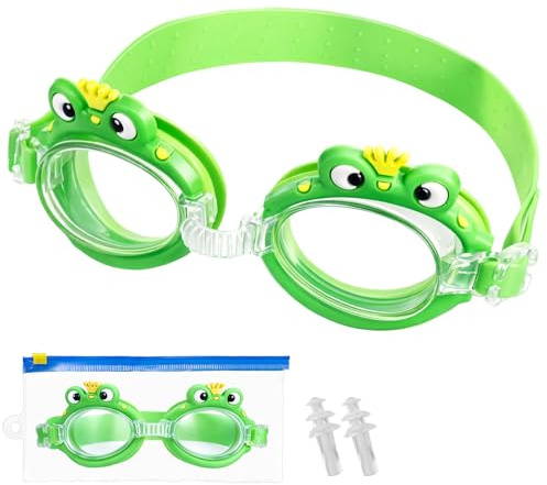 Occhialini da Nuoto Bambini Anti-Appannamento, Occhialini da Nuoto Principe Ranocchio per Ragazzi 4-14, Animale Occhialini Piscina con Ampie Lenti, Prova di Perdita, Tappi per Orecchie,Borsa Potabile