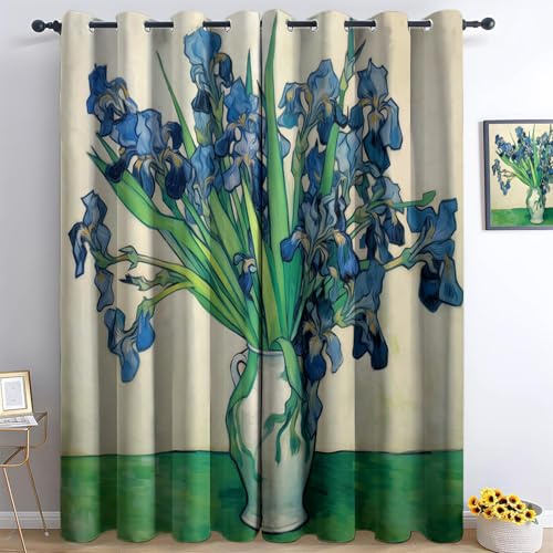 Générique Rideau Occultant Peinture À l'huile Vase Iris Rideaux Oeillet Polyester 3D Chambre Thermique Isolant Anti Froid Beige Rideau Chambre Enfant L 91.5 X H 214 cm 2 Panneaux