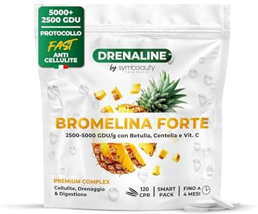 Bromelina Forte Drenante 2500+5000 GDU (120cpr - Fino a 4 mesi) + Protocollo Fast Anticellulite | Bromelina, Centella, Betulla e Vitamina C. Integratore Cellulite Drenaggio e Digestione - Vegano