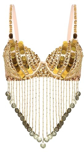Sxiwei Costume Danza Del Ventre Donna Top Paillettes Reggiseno Con Frange Spalline A Spaghetti Crop Top Corto Ventre Scoperto Sexy Bustier Abiti Da Gogo Clubwear Oro Taglia unica
