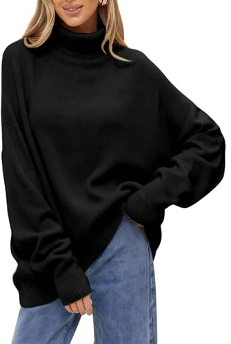 JFAN Pull à Col Roulé en Tricot Ample Femme Elégant Pullover Manches Longues Uni Sweater en Maille Casual pour Automne Hiver Noir M